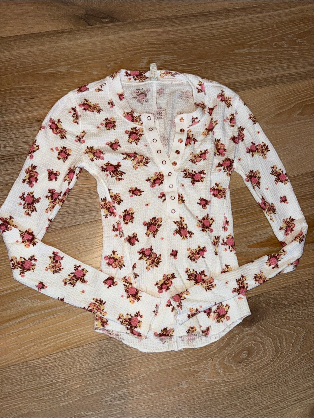 Free People Cream Waffle Henley Long Sleeve Top with Pink Floral Print
